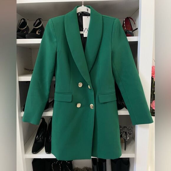 NWT  WOMEN'S DOUBLE BREASTED LONG BLAZER DRESS Green SIZE XS - Picture 9 of 11